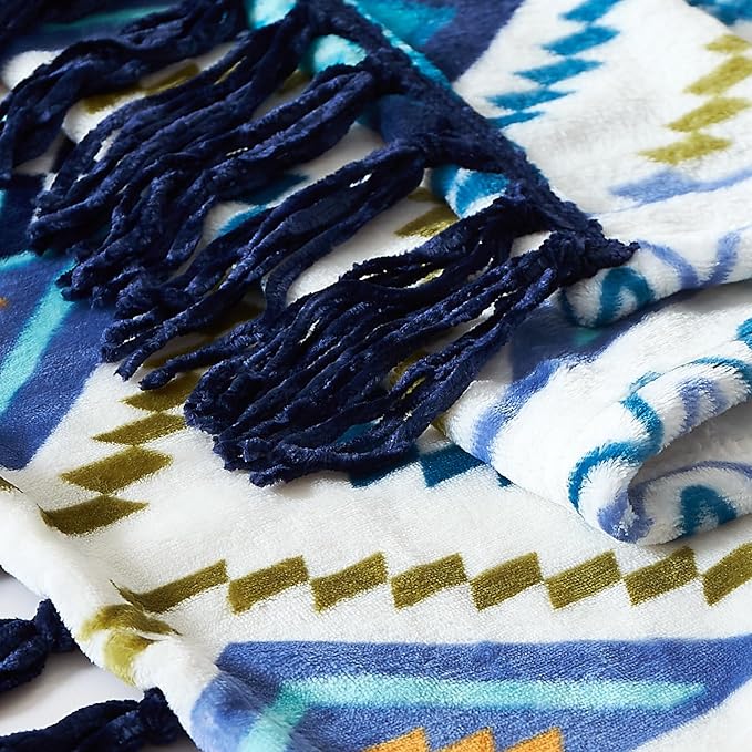 CASAAGUSTO Boho Throw Blanket - Blue and White Decorative Blankets with Tassel, Printed Flannel Bohemian Blanket for Chair, Bed, Sofa, Couch(50 * 60, Blue and White)
