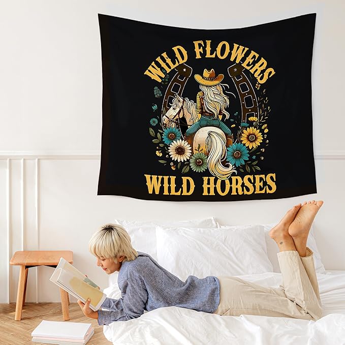WARDOS Western Cowgirl Tapestry, Vintage Western Tapestry Wall Hanging, Retro Country Wild Wildflower Wild Horses Wall Blanket Decor for Girls Room Dorm Apartment Bedroom, 50x60 Inch