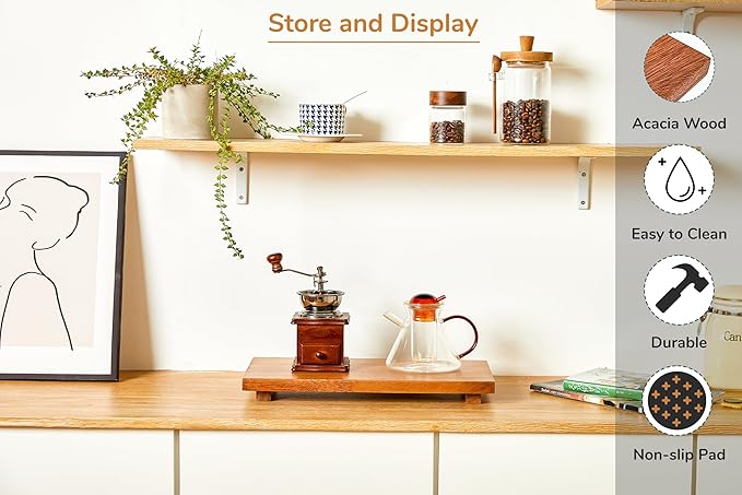 Large 16" Acacia Wood Riser Pedestal Stand – Farmhouse Wood Display Riser for Kitchen and Bathroom Décor - Counter Display, Plant Stand, Jewelry Holder, Vanity Tray, Candle Stand (L:16"x8"x1.57")