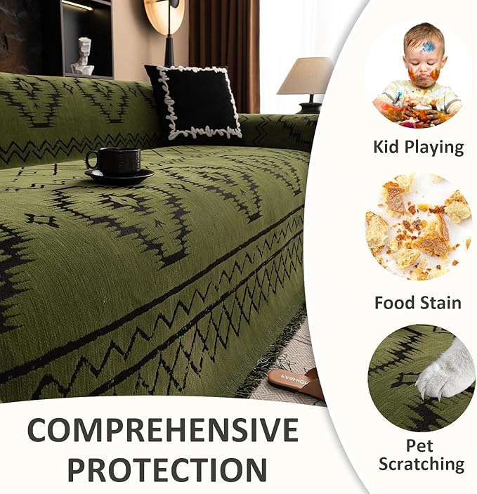VClife Bohemian Green Couch Cover for Dog, Non Slip Sectional Sofa Covers Furniture Protector Washable Tribal Pattern Couch Covers for 3 Cushion Couch Sofa, Soft Pet Sofa Slip Cover, Green, 71"X150"