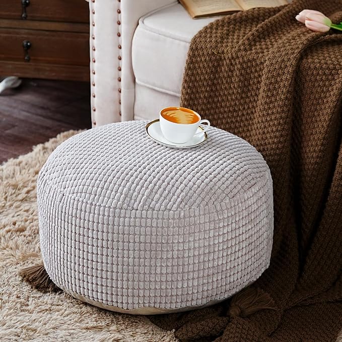 SUTAVIA Pouf Ottoman Cover Unstuffed Pouf Seat Decorative Soft Storage Bean Bag 20x20x8 Inches Floor Footrest for Living Room Bedroom (Light Gray, Round)