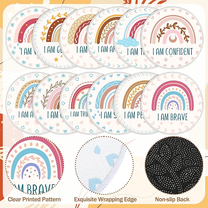 Tinideya 12 Pcs Kids Carpet Circle Seats for Class 16 Inch Round Classroom Rug Floor Cushions Soft First Day of School Educational Mat Non Slip Back to School Learning Playing Areas(Boho Rainbow)