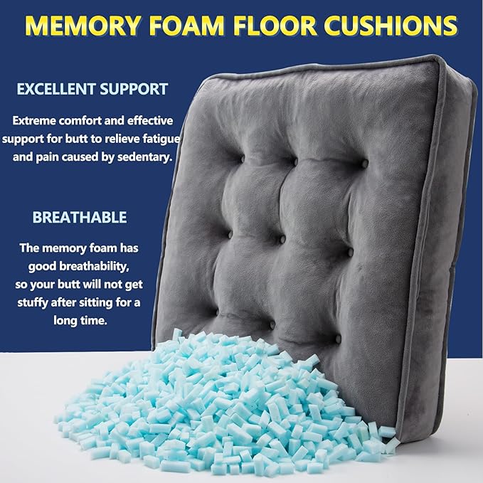 Floor Pillow Set of 2, Memory Foam Meditation Cushion, Floor Cushions for Adults Sitting, Large Square Seat Cushions for Yoga, Living Room, 22x22 Inch (Grey)