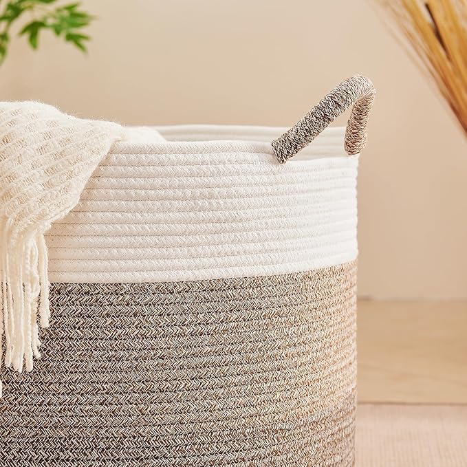 CLHMILY&Z Round Cotton Rope Storage Basket - 22x14.2 Inches - Stylish Nursery Storage Bin, Baby Toy Organizer, Soft Cotton Basket for Home Decor, Multi-Purpose Storage Solution
