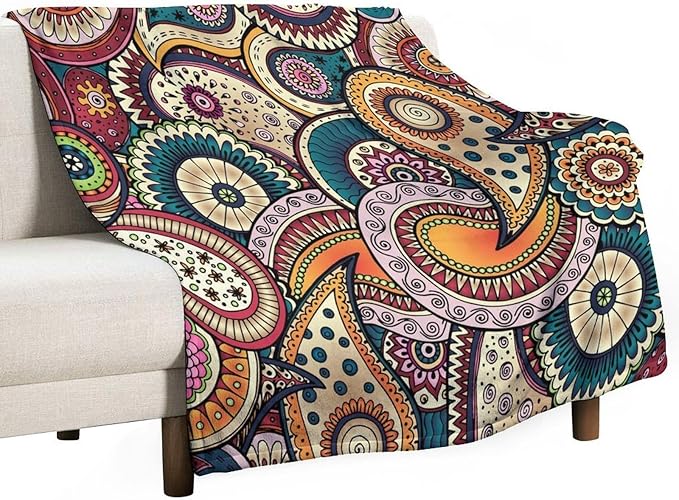 Indian Boho Throw Blanket Mandala Design Colorful Bohemian Floral Paisley Blanket for Sofa Bed Couch Chair Or Dorm 70"x80"