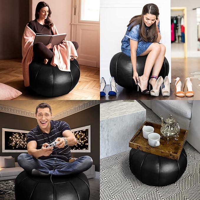 Louis Donné Unstuffed Moroccan Ottoman Pouf Cover, Foot Stool/Ottoman Foot Rest Replacement Cover, Balcony & Indoor Use, 21dia Black (ONLY Cover)