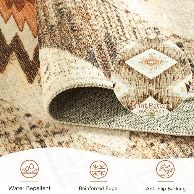 Area Rug 6x9 Rug Machine Washable Non-Slip Low Pile Print Pattern Western Rug for Living Room Bedroom Entryway Tribal Series -Cream/Camel