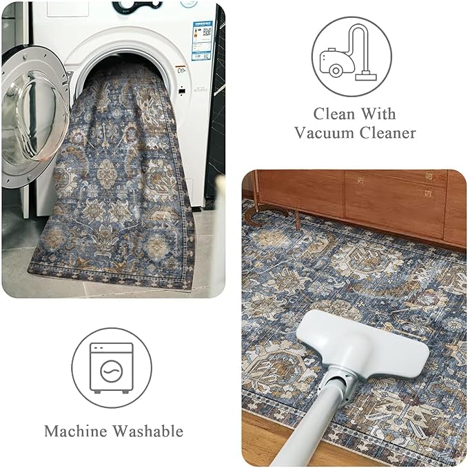 RUGSURE Washable Area Rugs - Perfect for Living Room, Bedroom, Kids Room, Nursery - Stain & Water Resistant Non-Slip, Pet & Child Friendly, Vintage Tribal Area Rugs (Navy, 3' x 5 ')