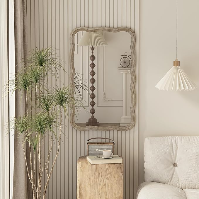 COZAYH Rustic Farmhouse Wall Mirror, 23.5” x 38” Rectangular Decorative Wall Mounted Mirror with Distressed Wood Frame & Curved Scallop Detail, Natural