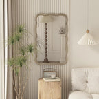 COZAYH Rustic Farmhouse Wall Mirror, 23.5” x 38” Rectangular Decorative Wall Mounted Mirror with Distressed Wood Frame & Curved Scallop Detail, Natural