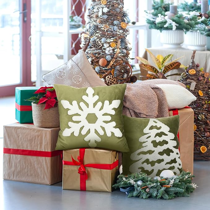 Breling Set of 2 Olive Green Velvet Embroidery Christmas Pillow Covers18x18 Winter Snowflake Pillow Covers Decorative Soft Tufted Luxury Christmas Tree Cushion Cover for Couch Sofa Bed Holiday Decor