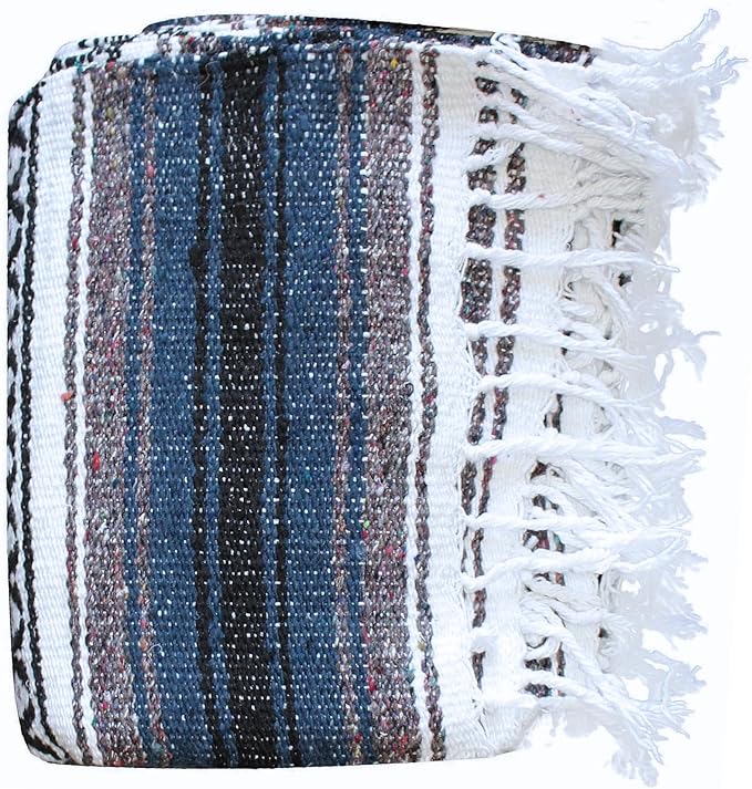 Del Mex Classic Mexican Blanket, Large Authentic Woven Falsa Throw (70"x50"), Artisan Southwest Décor for Beach, Yoga, Outdoors (Navy Blue)