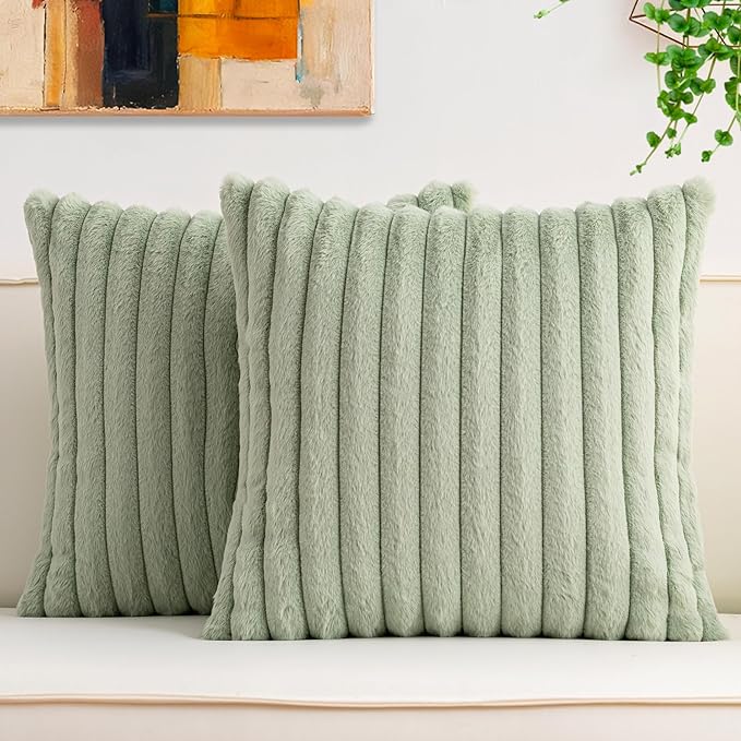 Pack of 2 Faux Fur Fall Throw Pillow Covers 22x22 Inch, Soft Plush Striped Neutral Couch Pillow Cover, with Velvet Back Modern Home Decor for Sofa Living Room Couch Bed Sage Green