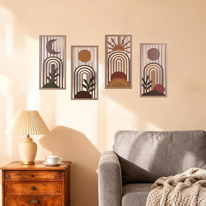 Boho Wall Art Set of 4, Terracotta Wall Decor & Burnt Orange Bedroom Decor, Orange Modern Wall Art with Arch/Botanical Design - Mid-Century 3D Wooden Abstract Geometric Artwork for Home Living Room Office(C)