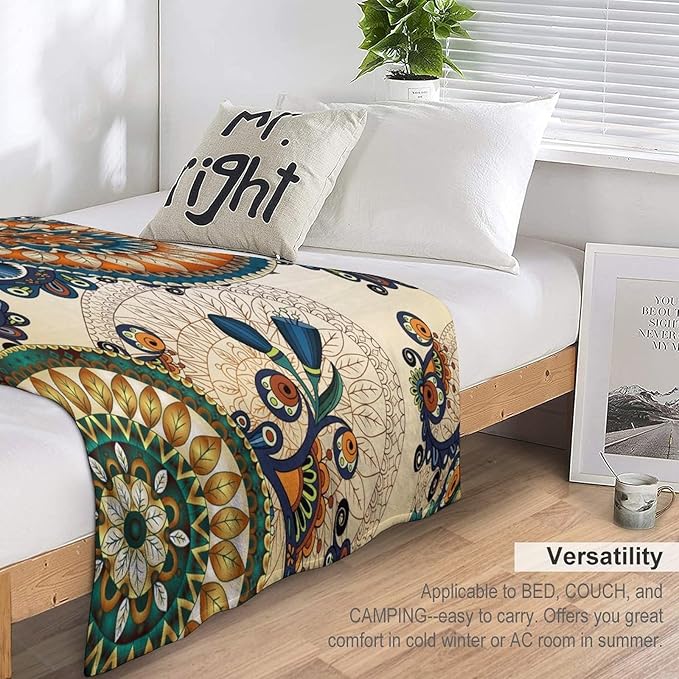 Bohemian Flower Throw Blanket Boho Mandala Floral Flowers Print Pattern Blanket for Sofa Bed Couch Chair Or Dorm 70"x80"