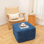 Asuprui Round Square Pouf Ottoman Foot Rest – Lightweight Modern Footstool with Plush Foam Filling, Perfect for Living Room Decor & Cozy Comfort – 20x20x14 Inch Chic Accent Piece (Navy Blue)