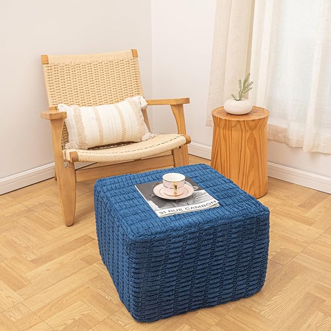 Asuprui Round Square Pouf Ottoman Foot Rest – Lightweight Modern Footstool with Plush Foam Filling, Perfect for Living Room Decor & Cozy Comfort – 20x20x14 Inch Chic Accent Piece (Navy Blue)