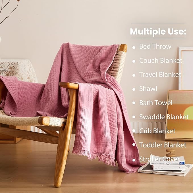 Simple&Opulence Cotton Muslin Throw Blanket 4 Layers for Bed, Couch, Woven Gauze Blanket with Tassels, Soft Lightweight Cozy Pre-Washed Breathable Farmhouse Decoration for All-Season(Dusty Pink)
