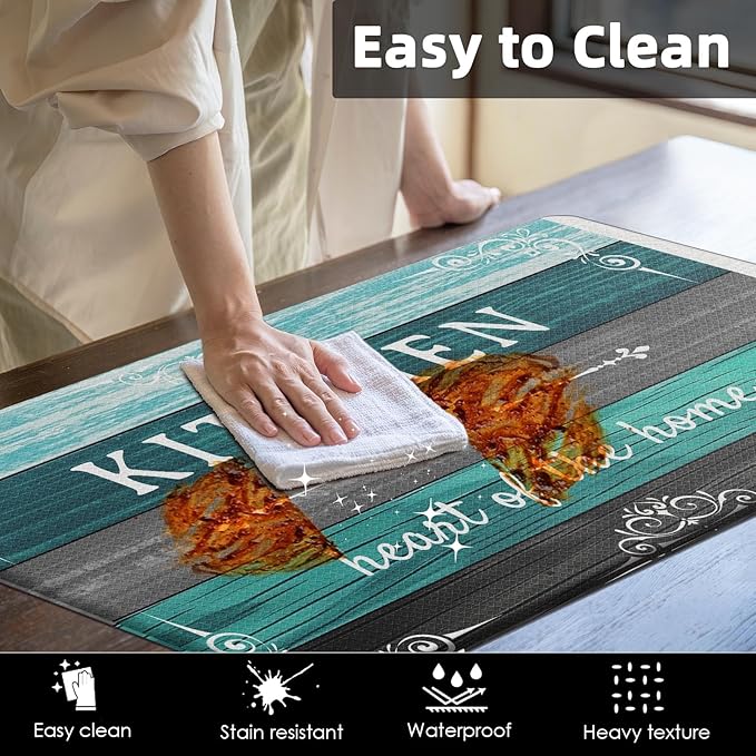 Arttown Teal Farmhouse Anti-Fatigue Kitchen Rug Set of 2 Grey Black Green Wood Vintage Cushioned Floor Standing Mat Waterproof Non-Slip Kitchen Mat and PVC Ergonomic Comfort Foam Rug