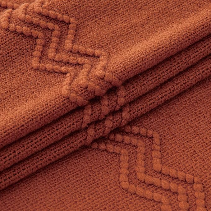MIULEE Rust Knitted Throw Blanket for Couch Terracotta Boho Textured Cozy Woven Rustic Blanket with Tassels for Sofa Chair Bed Living Room Farmhouse Decor Acrylic Wave Pattern 50"x60"