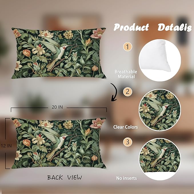 Vintage William Morris Hummingbird Pillow Cover 20x12,Rustic Green Hummingbird Bird Animal Floral Botanical Print Decorative Throw Pillow Covers for Home Bedroom Living Room