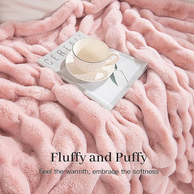 NEXHOME PRO Faux Fur Throw Blanket Pink, Luxury Soft Decorative Cozy Plush Long Shaggy Fluffy Blanket for Sofa Couch Bed Living Room, Reversible Puffy Thick Warm Blanket for Winter, 50"X60"