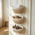 Hanging Baskets for Organizing,3-Tier Woven Cotton Wall-Mounted Storage Organizer Bag Decorative,Kitchen,Living Room,Bedroom,Nursery
