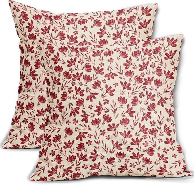 Red Floral Pillow Covers 16x16 Set of 2 Vintage Rustic Old Style Cute Small Flower Red Cream Print Decorative Outdoor Pillowcases Farmhouse Throw Cushion Case Decor for Couch Sofa Bed