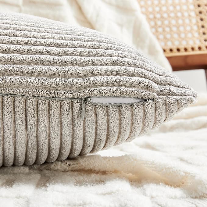 Fancy Homi 2 Packs Neutral Grey Lumbar Decorative Throw Pillow Covers 20x28 Inch for Living Room Couch Bed Sofa, Farmhouse Home Decor, Soft Striped Corduroy Rectangle Accent Cushion Case 50x70 cm