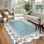 Lahome Floral Area Rug for Living Room, Washable Rugs 5x7 Soft Low Pile Scalloped Large Rugs for Bedroom, Farmhouse, Dining Room, Kids, Ariele Blue