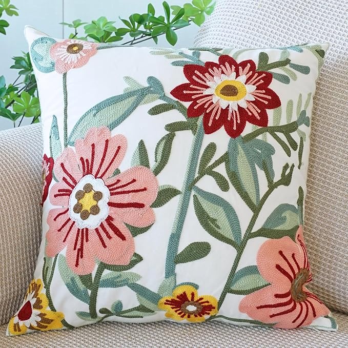 vctops Floral Embroidered Pillow Covers 18x18 Inch Spring Summer Cotton Tufted Throw Pillow Cover Outdoor Garden Cushion Case for Sofa, Bed, Living Room (Flower D,18"x18")