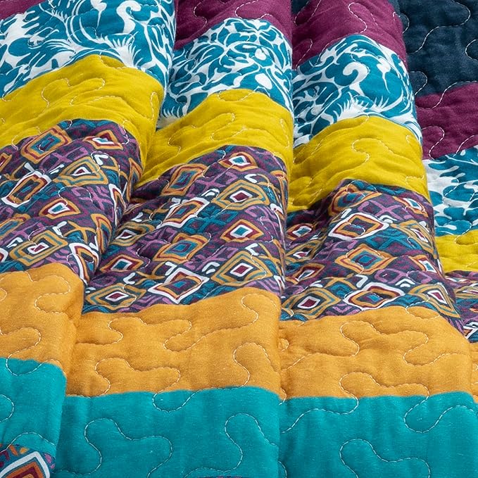 Lush Decor Boho Stripe Reversible Cotton Throw Blanket, 50" W x 60" L, Plum & Yellow - Striped Throw Blankets for Bed - Couch Blanket - Boho Throw Blanket for Couch