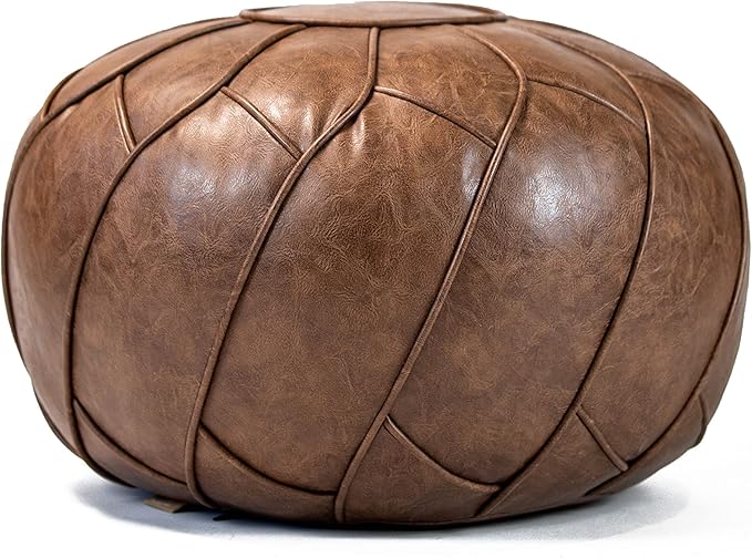 Moderner Faux Leather Pouf Unstuffed Ottoman Moroccan Footstool, Floor Footrest Cushion, Storage Solution - Natural Brown Color (Mocha, Round)