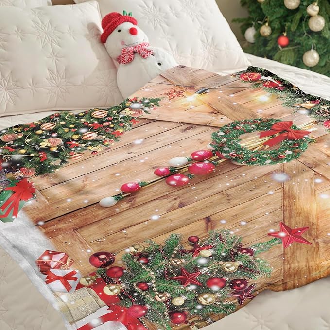 Farmhouse Christmas Throw Blanket, Wood Barn Door Winter Rustic Xmas Tree Snow Blanket for Bed Sofa Travel and Camping, Super Soft Cozy Fluffy Plush Blanket for All Seasons, 50" x 60"