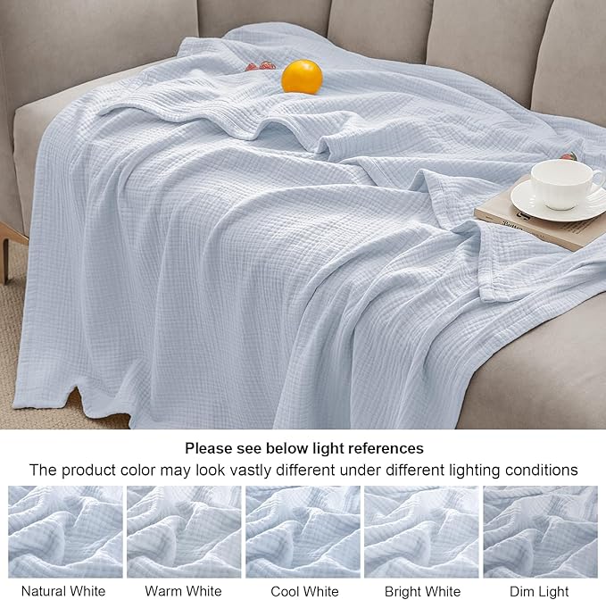 PHF 100% Cotton Muslin Blanket King Size 108"x90", 4-Layer Lightweight Gauze Throw, Breathable Cloud-Soft Minimalist Blanket for Bed, Couch, Camping & Baby, Ancient Water, Ideal Gift