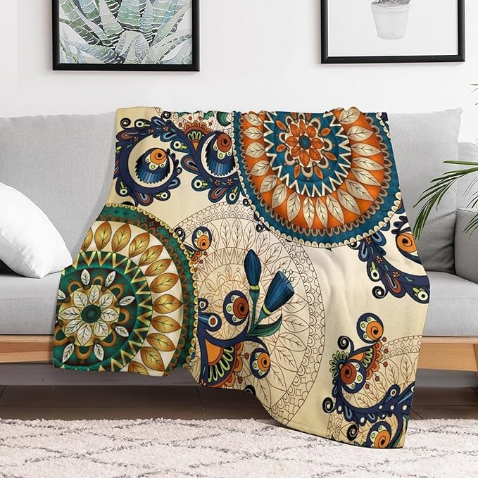 Bohemian Flower Throw Blanket Boho Mandala Floral Flowers Print Pattern Blanket for Sofa Bed Couch Chair Or Dorm 30"x40"