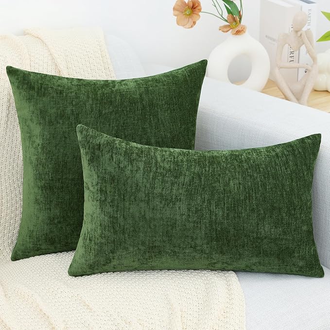 decorUhome Chenille Moss Green Spring Throw Pillow Covers 18x18 Inch Set of 2, Decorative Soft Couch Pillow Covers Solid Dyed Accent Farmhouse Neutral Square Pillow Cases for Sofa