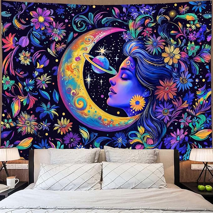 Accnicc Purple Sun and Moon Tapestry for Bedroom Hippie Boho Floral Flower Plant Wall Tapestry Aesthetic Celestial Star Large Tapestries Wall Hanging for Living Room Dorm 80 x 60 Inch