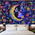 Accnicc Purple Sun and Moon Tapestry for Bedroom Hippie Boho Floral Flower Plant Wall Tapestry Aesthetic Celestial Star Large Tapestries Wall Hanging for Living Room Dorm 80 x 60 Inch