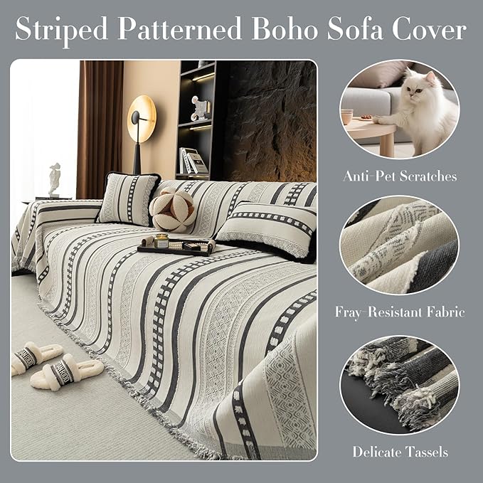 Striped Couch Cover Blankets, Boho Couch Covers, Sofa Blanket Cover for Dogs, Large Couch Covers for 3-4 Cusion Sofa, Chenille Sofas Covers Washable Sectional(1pc/Light Grey/71 x 150)