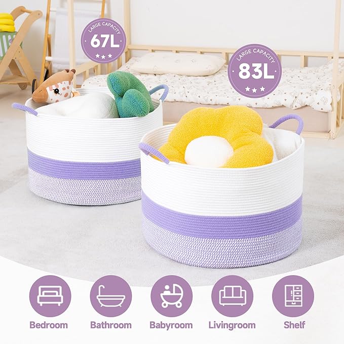 CLHMILY&Z Round Cotton Rope Storage Basket - 22x14.2 Inches - Cute Nursery Bin, Baby Toy Organizer, Lavender Organizer for Home Decor, Multi-Purpose Home Tidy Solution