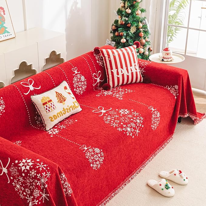hyha Couch Cover for Dogs, Boho Sofa Covers for 3 Cushion Couch Washable, Chenille Sofa Slipcover for Pets, Soft Loveseat Sectional Couch Throw Blankets with Tassels (Red Snowflakes,88.5x134 Inch)