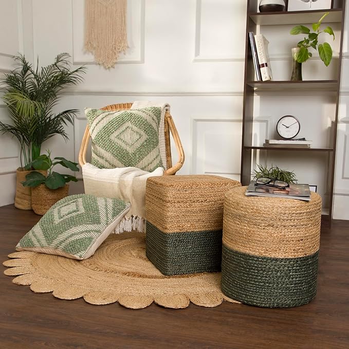 REDEARTH · Cylindrical Pouf Foot Stool Ottoman - Jute Braided Pouffe Poof Accent Sitting Footrest for The Living Room, Bedroom, Nursery, Patio, Lounge - Set of 2 (14.5”X14.5”X16”; Natural Olive)