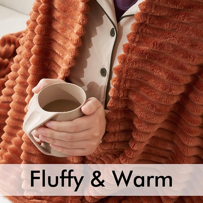 MIULEE Rust Throw Blanket 3D Ribbed Jacquard Fleece Flannel Velvet Plush Decorative Bed Blanket (Throw, 50" x 60") - Super Soft, Lightweight, Warm and Cozy for Couch Sofa Fall Home Decor