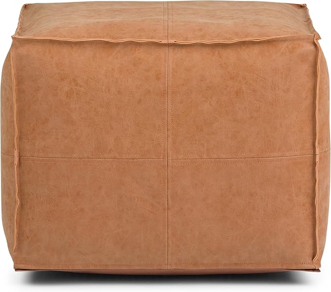 SIMPLIHOME Brody Square Pouf - 18 inch Wide Upholstered Vegan Leather Ottoman in Distressed Brown, Boho Footstool, Coffee Table or Extra Seating for Living Room or Bedroom, Assembled