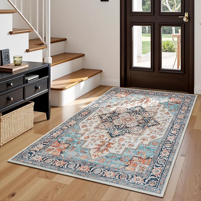 Lessymo 3x5 Washable Area Rugs for Living Room Bedroom Ktichen, Soft Boho Indoor Rug Non Slip, Vintage Carpet Low Pile for Dorm Office Dining Room Kids Room Hallway Entryway Bedside, Orange/Blue