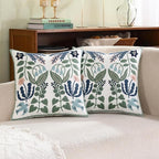 Tosleo Flower Embroidered Throw Pillow Covers 16x16 Pack of 2 Green Leaves with Birds Floral Tufted Pillowcases Spring Summer Decor Coastal Pillow Cushion Cases Square Navy Blue Flower Pillow Case