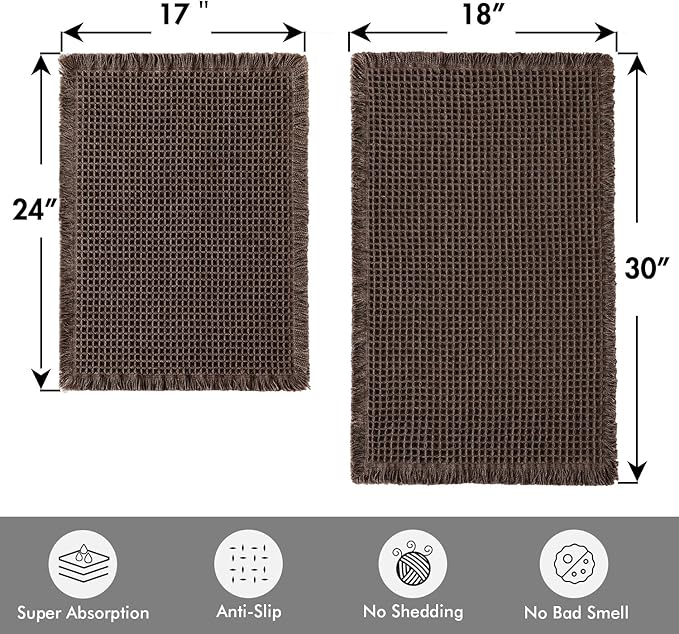 MIULEE Set of 2 Waffle Bathroom Rugs, Boho Bath Rugs Non Slip Washable, Super Absorbent Bath Mats, Ultra Soft Rubber Backed Shower Mats for Bathroom Floor, Tub, Chocolate, 17"x24"+18"x30"