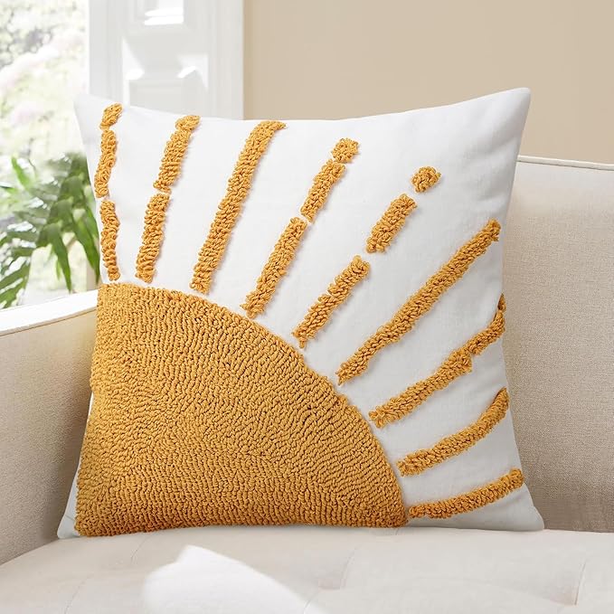 Adabana Boho Decorative Yellow Throw Pillow Covers 20x20, Tufted Sun Pillow Cover with Tassels Bohemian for Sofa Bedroom Living Room Home Decor (No Pillow Insert, 1Pc)
