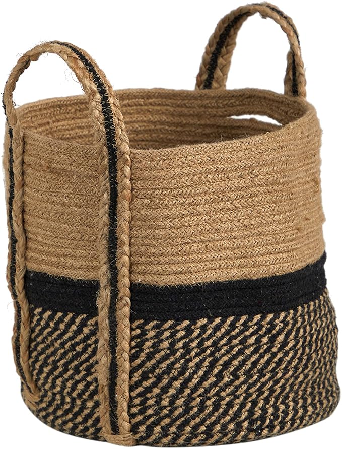 Nearly Natural 13in. Boho Chic Basket Natural Jute Basket Planter, Black Bottom Natural Top with Handles